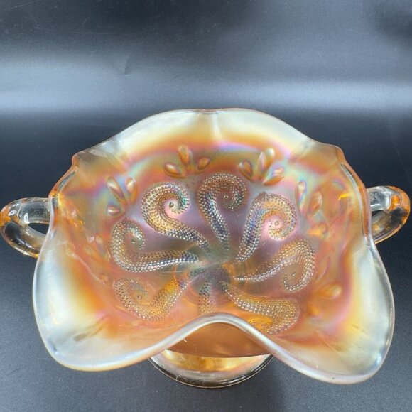 Dugan Glass Iridescent Marigold Bonbon Compote Dish Footed Bowl Glass Vintage - Picture 9 of 16